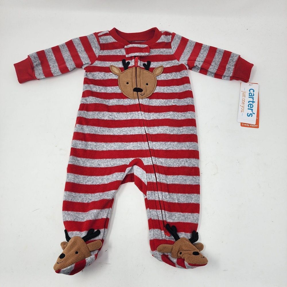 Carter's Just One You‎ Newborn 0 months Reindeer Striped Fleece Footed Pajama